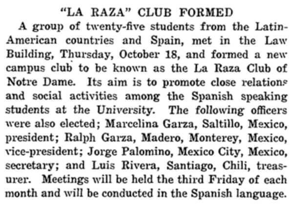 Newspaper clipping announcing the formation of La Raza Club at the University of Notre Dame. The club aims to promote close relations and social activities among Spanish-speaking students. The elected officers are listed with their respective positions and hometowns. Meetings will be held the third Friday of each month in Spanish.